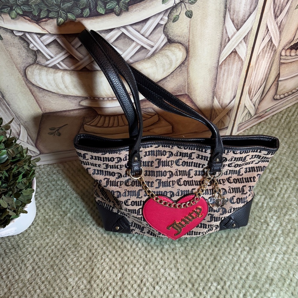 Juicy Couture Black and Tan Tote with Pink Heart Charm